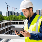 **Prompt:** An Environmental Health Engineer in a hard hat and safety vest, inspecting a construction site with a tablet in hand. Background shows modern buildings and green spaces. Focus on demonstrating environmental compliance and sustainable building practices. Bright, sunny day.