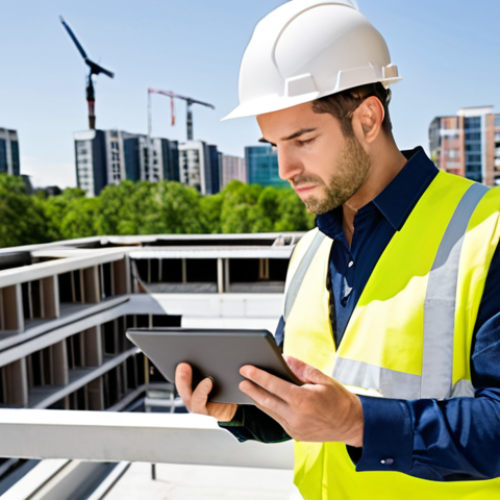 **Prompt:** An Environmental Health Engineer in a hard hat and safety vest, inspecting a construction site with a tablet in hand. Background shows modern buildings and green spaces. Focus on demonstrating environmental compliance and sustainable building practices. Bright, sunny day.