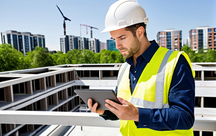 **Prompt:** An Environmental Health Engineer in a hard hat and safety vest, inspecting a construction site with a tablet in hand. Background shows modern buildings and green spaces. Focus on demonstrating environmental compliance and sustainable building practices. Bright, sunny day.
