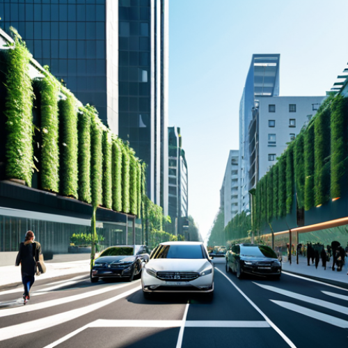 Home 16 Urban Air Purification System**
"A cityscape featuring a cutting-edge air purification system integrated into a busy intersection. Lush vertical green walls adorn buildings, while sleek, modern devices filter the air. Cars are present but appear less prominent, with pedestrians walking by, fully clothed and wearing face masks. Clear blue sky above with a subtle haze in the distance. safe for work, appropriate content, fully clothed, professional, perfect anatomy, natural proportions, high quality, family-friendly."
**