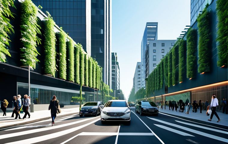 Urban Air Purification System**
"A cityscape featuring a cutting-edge air purification system integrated into a busy intersection. Lush vertical green walls adorn buildings, while sleek, modern devices filter the air. Cars are present but appear less prominent, with pedestrians walking by, fully clothed and wearing face masks. Clear blue sky above with a subtle haze in the distance. safe for work, appropriate content, fully clothed, professional, perfect anatomy, natural proportions, high quality, family-friendly."
**