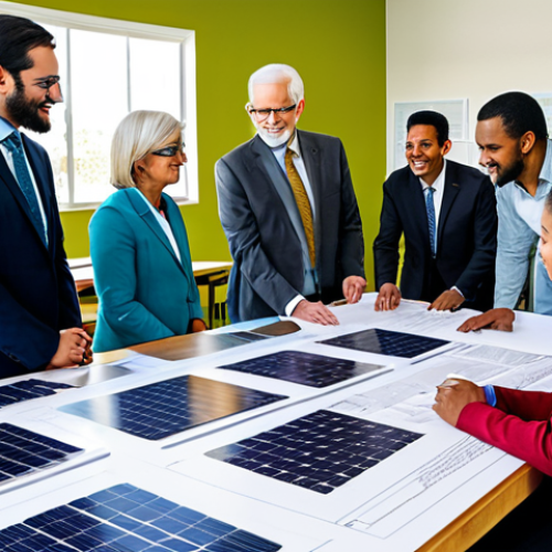 Home 15 Community Engagement for Environmental Projects**
A diverse group of community members and environmental consultants, fully clothed in modest attire, gathered around a table in a community center, reviewing plans for a new solar panel installation. The atmosphere is collaborative and positive. Architectural renderings of the solar project are displayed on the table. Safe for work, appropriate content, diverse group, professional setting, perfect anatomy, natural proportions, well-formed hands, professional photography, high quality, family-friendly.