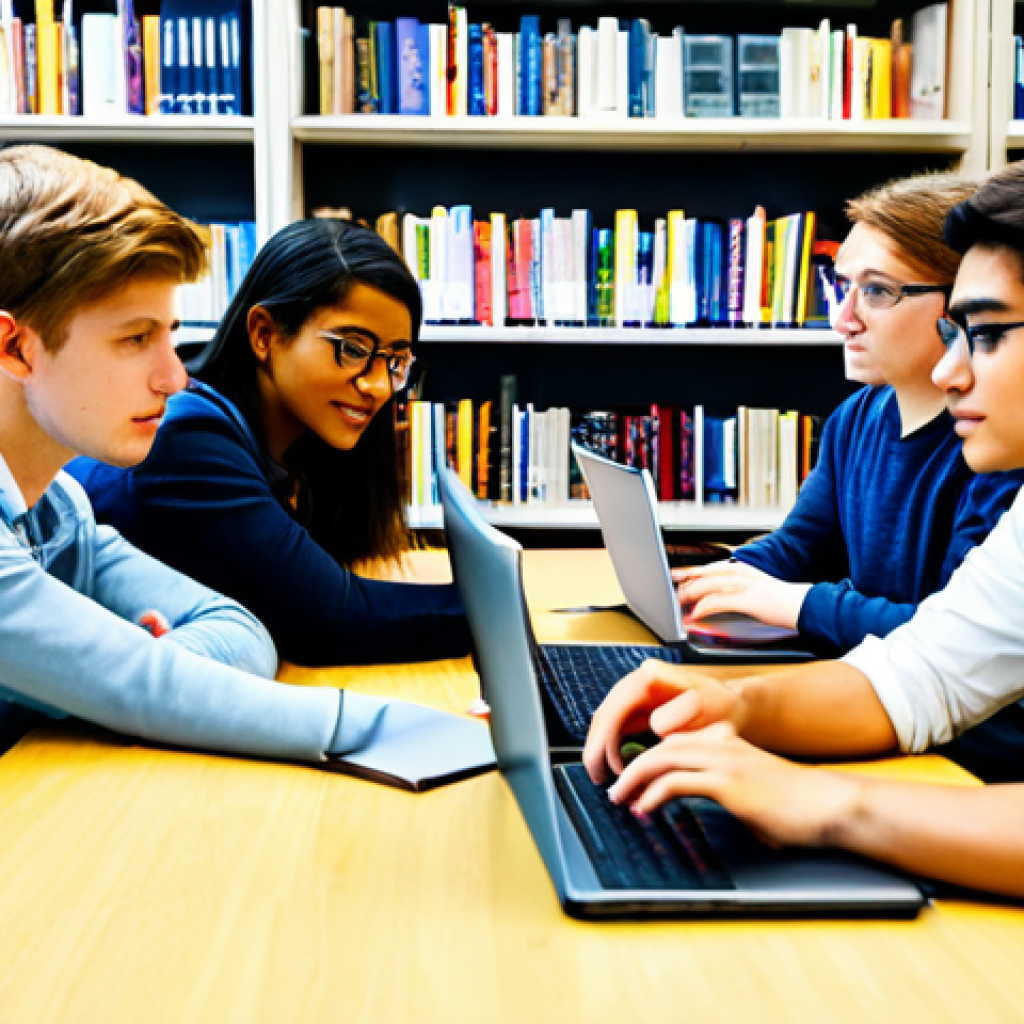 환경자격증 대비 스터디 그룹 - **Prompt:** "A diverse group of students, fully clothed in casual attire, collaborating around a tab...