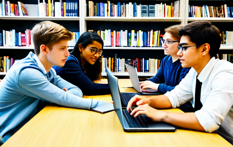 환경자격증 대비 스터디 그룹 - **Prompt:** "A diverse group of students, fully clothed in casual attire, collaborating around a tab...