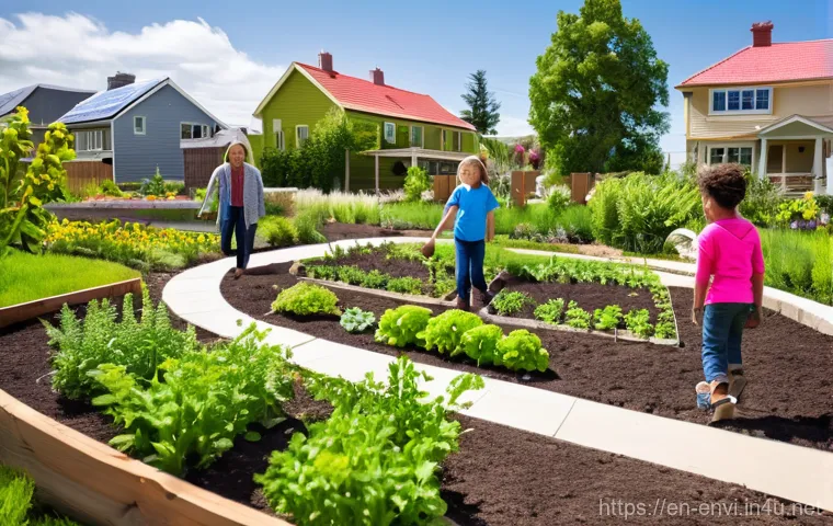 환경 관련 이론과 실무 비교 - **Sustainable Community Living**
    A vibrant, sunny street scene in a picturesque suburban town, r...