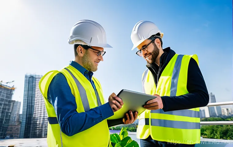 환경 분야 유망 자격증 리스트 - **Prompt:** "A diverse team of architects and engineers, dressed in professional but practical work ...