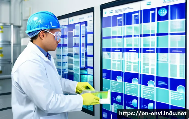 환경보건기사 자격증 시험 후기 - A detailed, realistic illustration of an environmental health technician wearing safety gear includi...