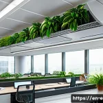 환경보건 실무 적용 사례 - A modern office interior showcasing advanced HVAC systems with visible HEPA air filters integrated i...