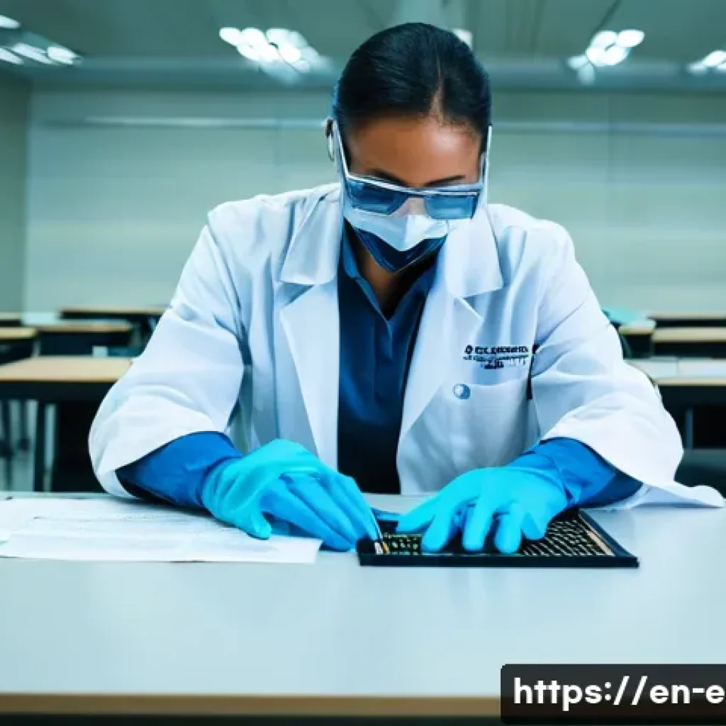 환경 자격증 실기 준비법 - A detailed scene of a professional environmental science exam mock setup in a modern testing room: a...
