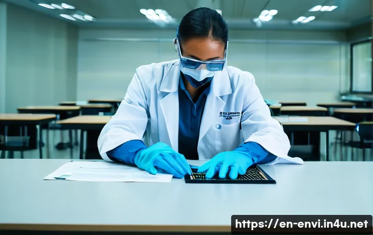 환경 자격증 실기 준비법 - A detailed scene of a professional environmental science exam mock setup in a modern testing room: a...