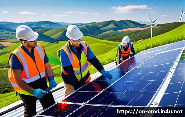 환경 직업군 전망 분석 - A dynamic scene showing a diverse team of renewable energy specialists working outdoors installing s...