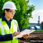 Home 22 환경직 공무원 자격증 종류 - A professional environmental auditor wearing business casual attire and safety glasses, conducting a...