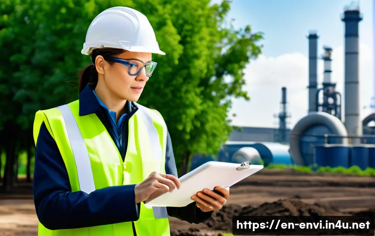 환경직 공무원 자격증 종류 - A professional environmental auditor wearing business casual attire and safety glasses, conducting a...