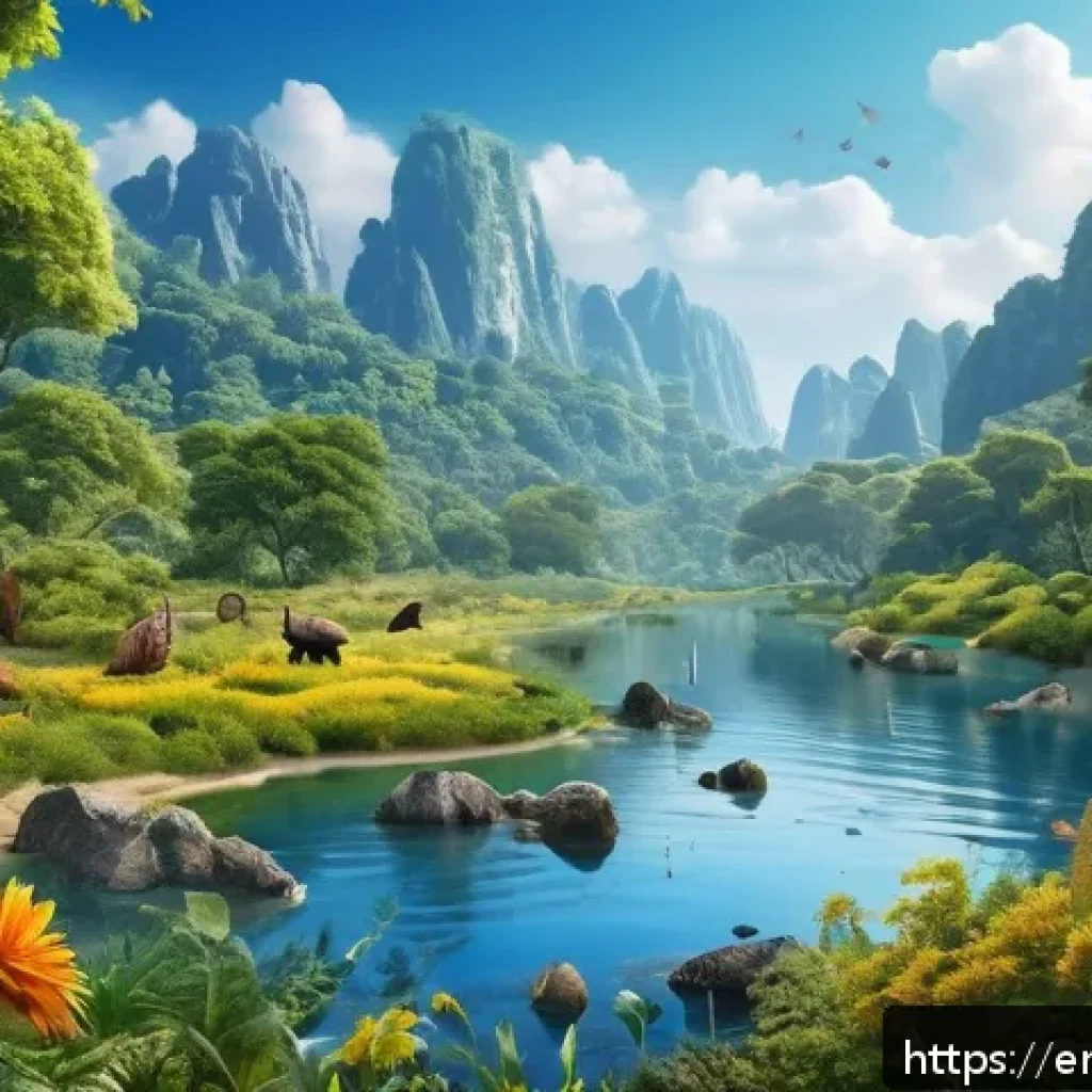 환경 자격증 필수 과목 - A highly detailed digital illustration of a diverse ecosystem showing interdependent flora and fauna...