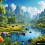 Home 20 환경 자격증 필수 과목 - A highly detailed digital illustration of a diverse ecosystem showing interdependent flora and fauna...