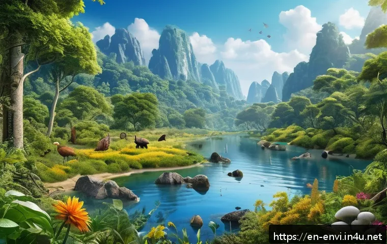 환경 자격증 필수 과목 - A highly detailed digital illustration of a diverse ecosystem showing interdependent flora and fauna...