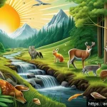 Home 18 환경직 시험 과목별 난이도 - A detailed and vibrant illustration of a forest ecosystem energy flow diagram, showing the sun shini...