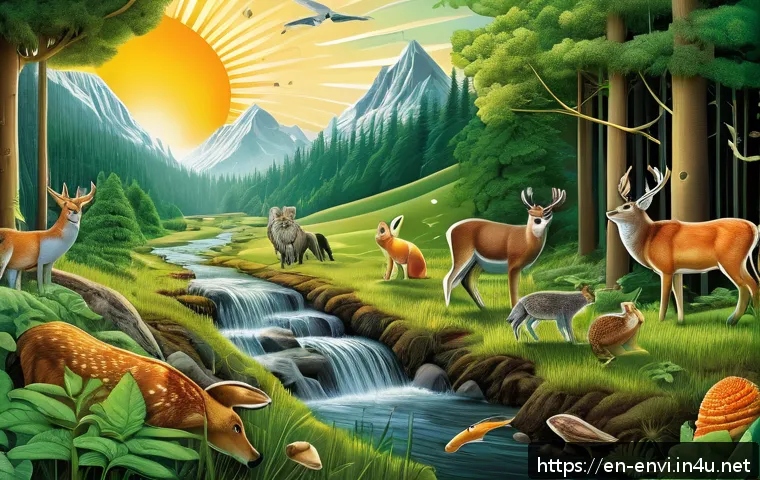 환경직 시험 과목별 난이도 - A detailed and vibrant illustration of a forest ecosystem energy flow diagram, showing the sun shini...