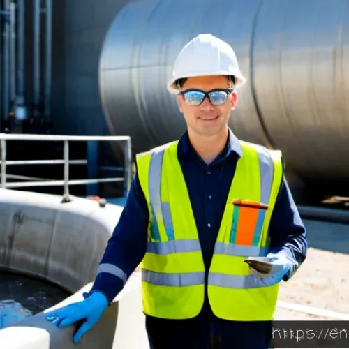 환경기사 자격증 활용 사례 - Photorealistic environmental engineer conducting a municipal water-quality inspection at a modern ur...