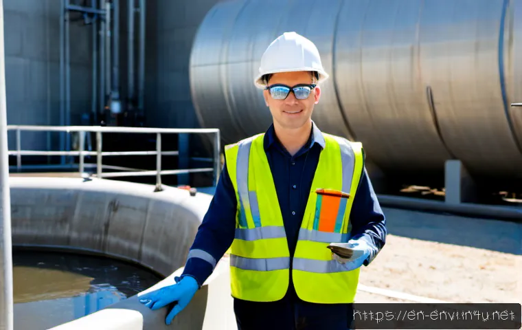 환경기사 자격증 활용 사례 - Photorealistic environmental engineer conducting a municipal water-quality inspection at a modern ur...