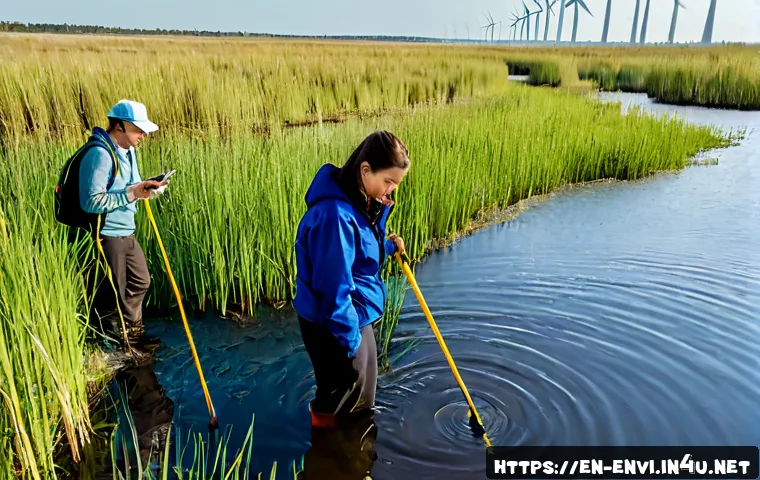 환경학 이론 필수 개념 - Photorealistic environmental science field study at a restored wetlands reserve, diverse team of adu...